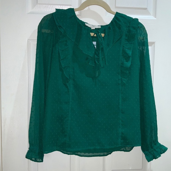Loft Swiss Dot Ruffle Tie Neck Blouse Size XSP emerald green New - Picture 2 of 7